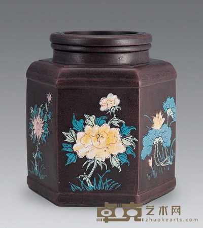 民国 紫砂加彩六角罐（连盖） 高21cm